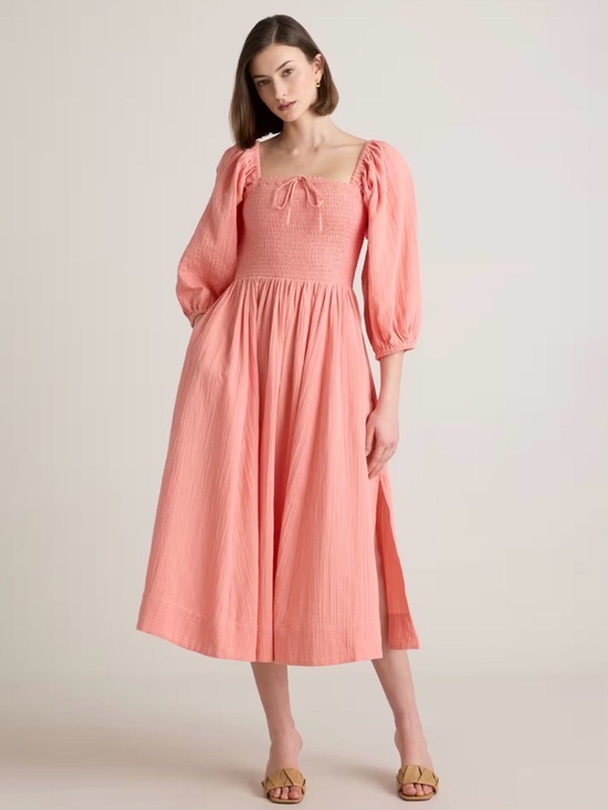 Quince Dresses & Skirts - Quince 100% Organic Cotton Coral Gauze Smocked Square Neck Midi Dress Size XS